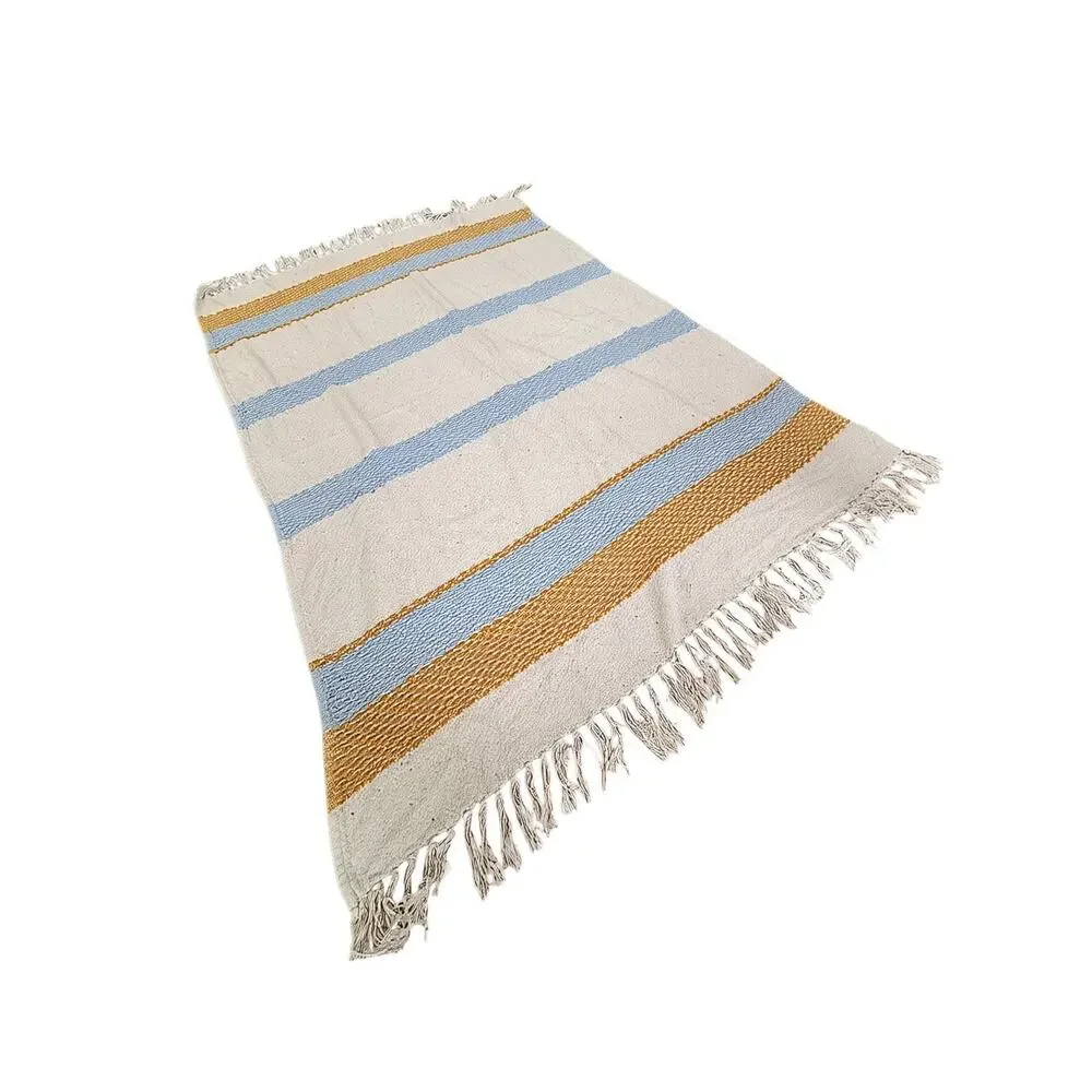 100% Cotton Woven Throw Blanket Cream Blue Mustard Striped Fringe Boho Coastal